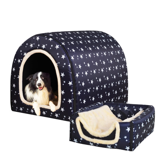 Dog Bed,2 Ways to Use,Indoor Pet House with Fluffy Mat,Removable and Washable Cover,Splash-Proof House and Non-Slip Bottom,for Large Dogs(2XL Star)
