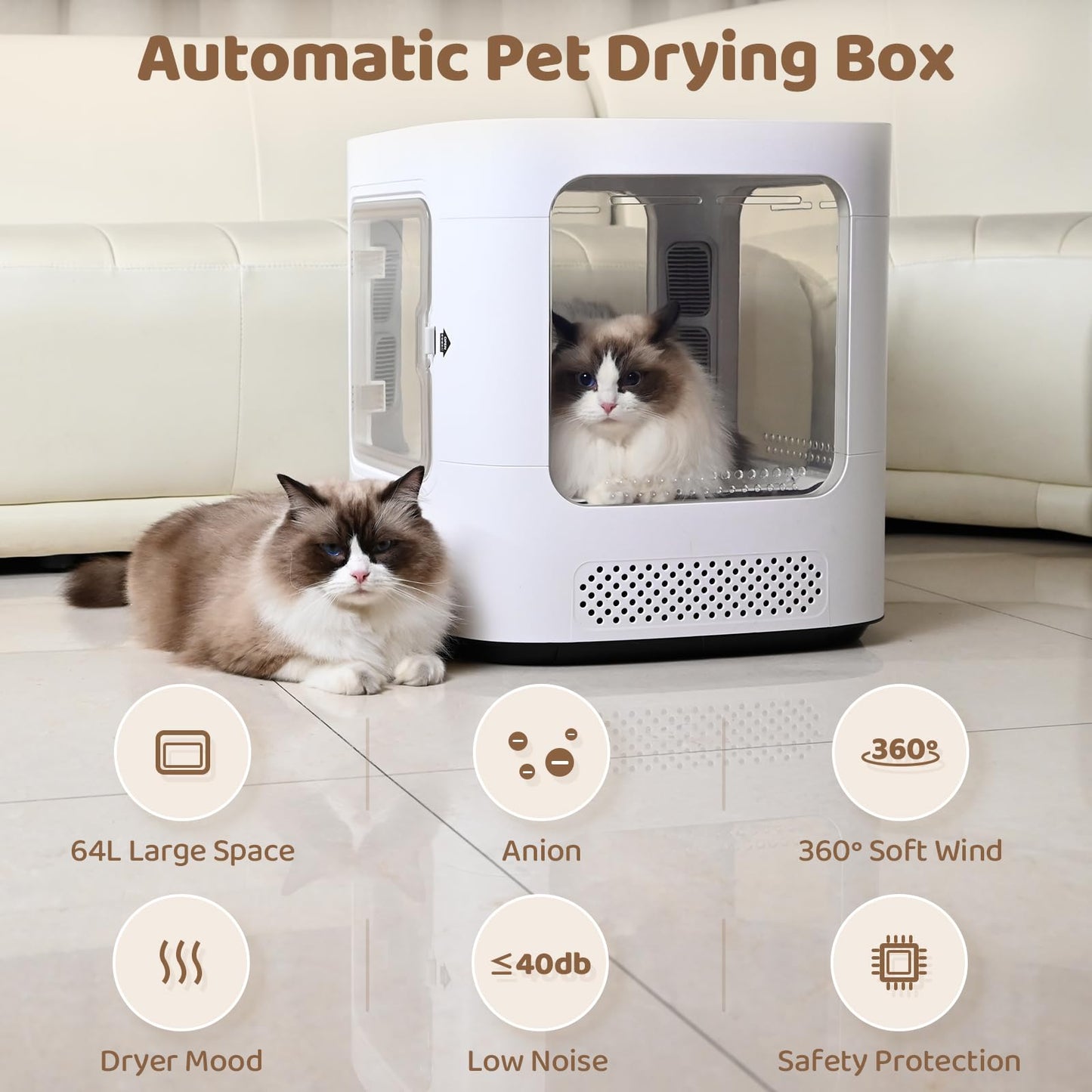 Exquimac 64L Pet Dryer Box Ultra Quiet Anion with Smart Temperature Control, 360° Fast Dry, Overheating Protection, Four-Sided Visibility, 4 Modes, Automatic Drying for Cats & Small Dogs