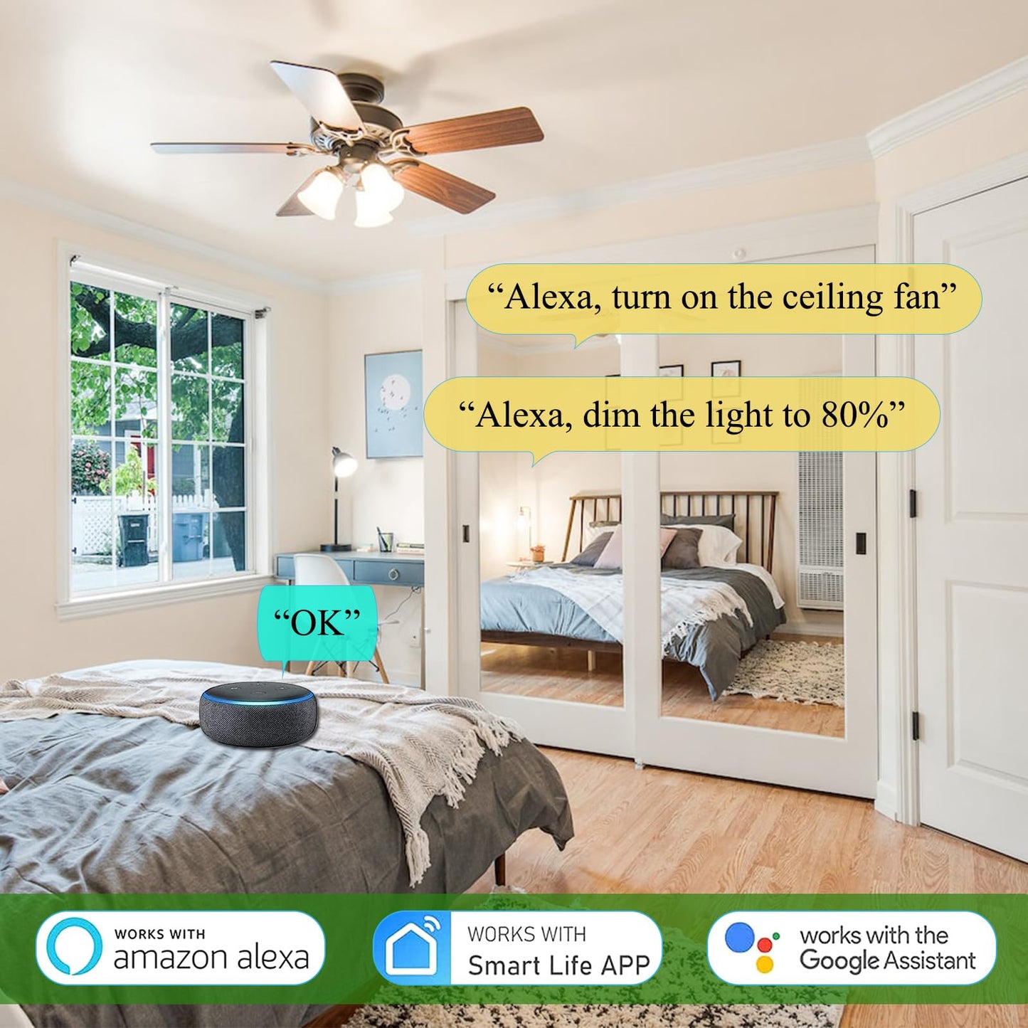 Universal Smart Ceiling Fan Remote Control and Light Dimmer, 3 Speed with 2-8h Timming, Smart Home Devices That Compatible with Alexa and Google Assistant (Beige)