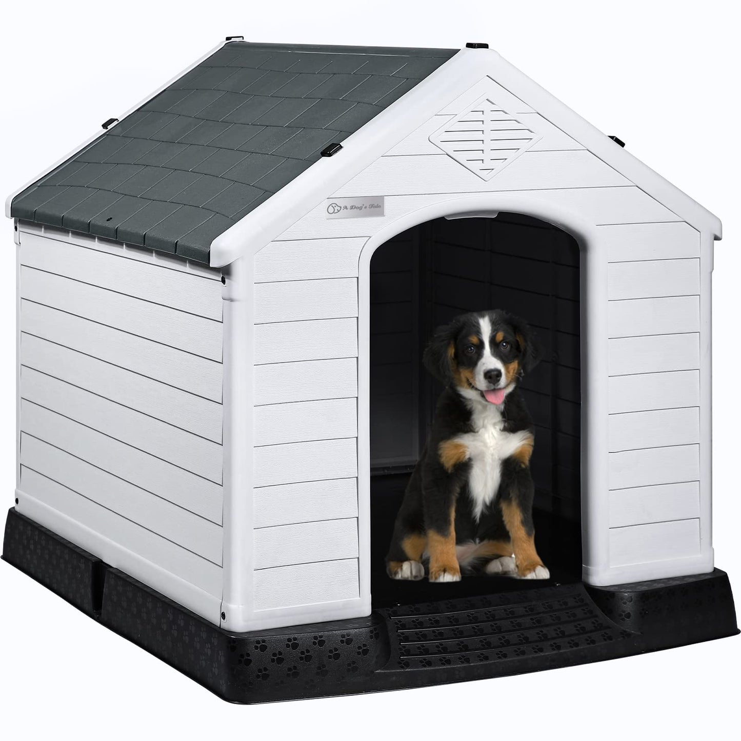 LEMBERI Durable Waterproof Plastic Dog House for Small to Large Sized Dogs, Indoor Outdoor Doghouse Puppy Shelter with Elevated Floor, Easy to Assemble (Gray, 42''L*38''W*39''H)