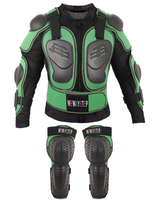 Kids Motorcycle Jacket Dirt Bike Gear,Motocross Spine Chest Protector Armor Suit with Knee Shin Guards Full Body Armor Jacket (US, Alpha, Medium, Regular, Green)