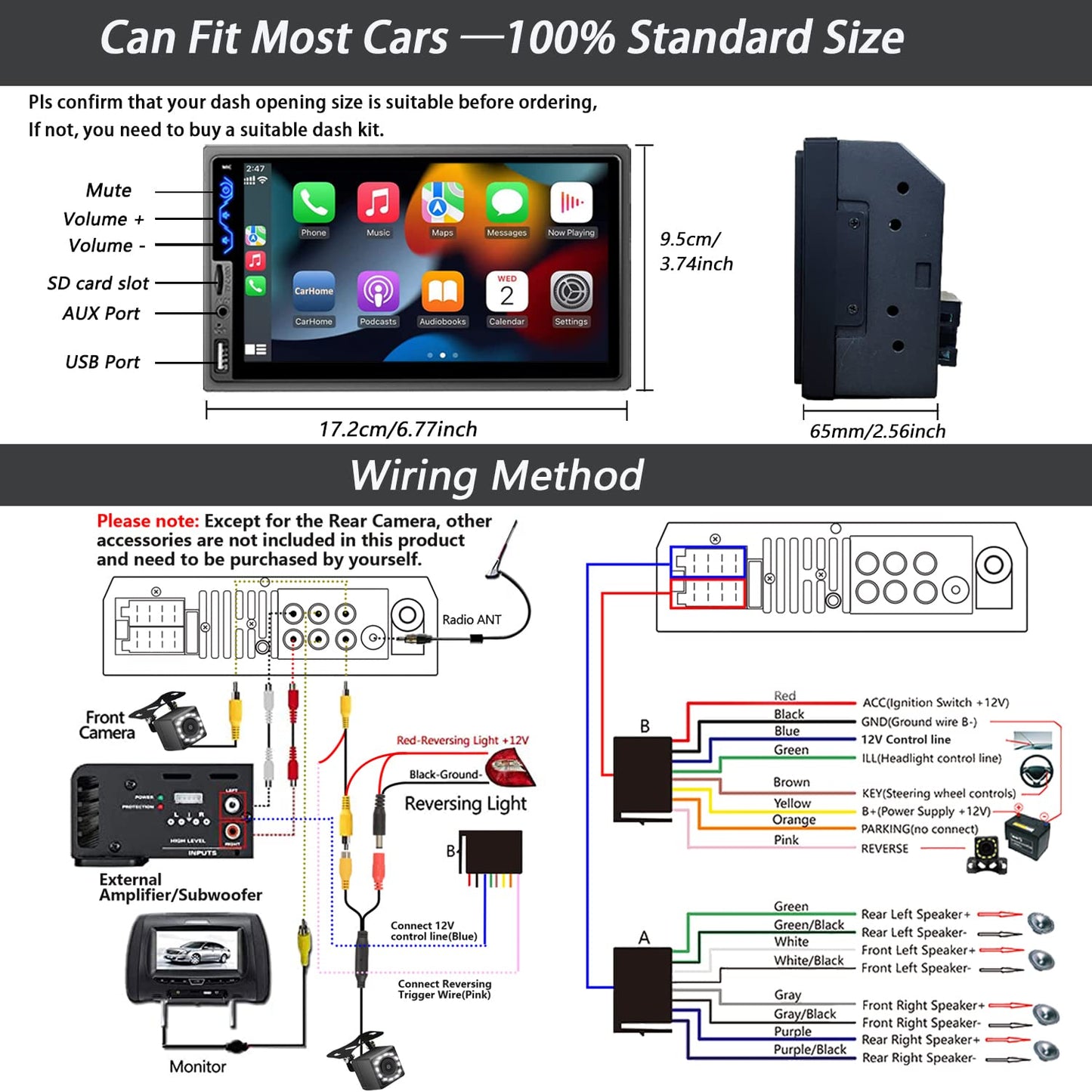 Double Din Car Stereo Compatible with Apple CarPlay and Android Auto - 7inch HD Touchscreen Car Audio Receivers with Bluetooth, Mirror Link, Backup Camera, SWC/USB/AUX/TF/Subwoofer, FM Car Radio