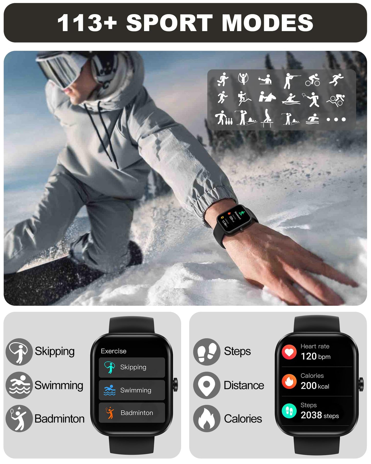 Bambooinn Smart Watch for Men Women(Answer/Make Call)-1.91" HD Fitness Smartwatch with Sleep/Heart Rate/spO2 Monitor, 113+ Sport Modes, IP68 Waterproof Smart Watch for Android iOS,Black