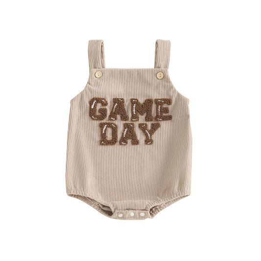 Dewadbow Newborn Football Outfit Boy Girl Football Game Day Embroidery Onesie Overalls Sleeveless Corduroy Romper Clothes (Beige, 12-18 Months)