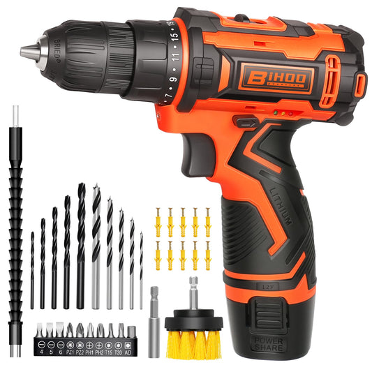 12v Drill Driver Set,Cordless Drill with Battery and Charger,LED Tools Kit,25+1 Torque Setting and 43pcs Bits