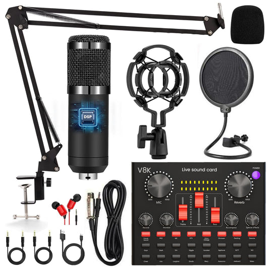 Podcast Equipment Bundle, Audio Interface with Cardioid Designer BM800 Mic for Gamer and All-in-One DJ Mixer, Perfect for Live Streaming, Singing, YouTube, Gaming