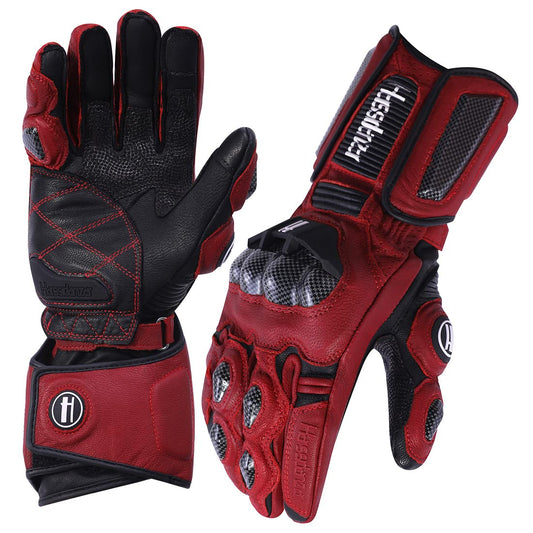 Harssidanzar Leather Motorcycle Gloves for Men and Women,Powersports Carbon Fiber Knuckle Protection Motorbike Gloves KM045,Oxblood/Black, Size M