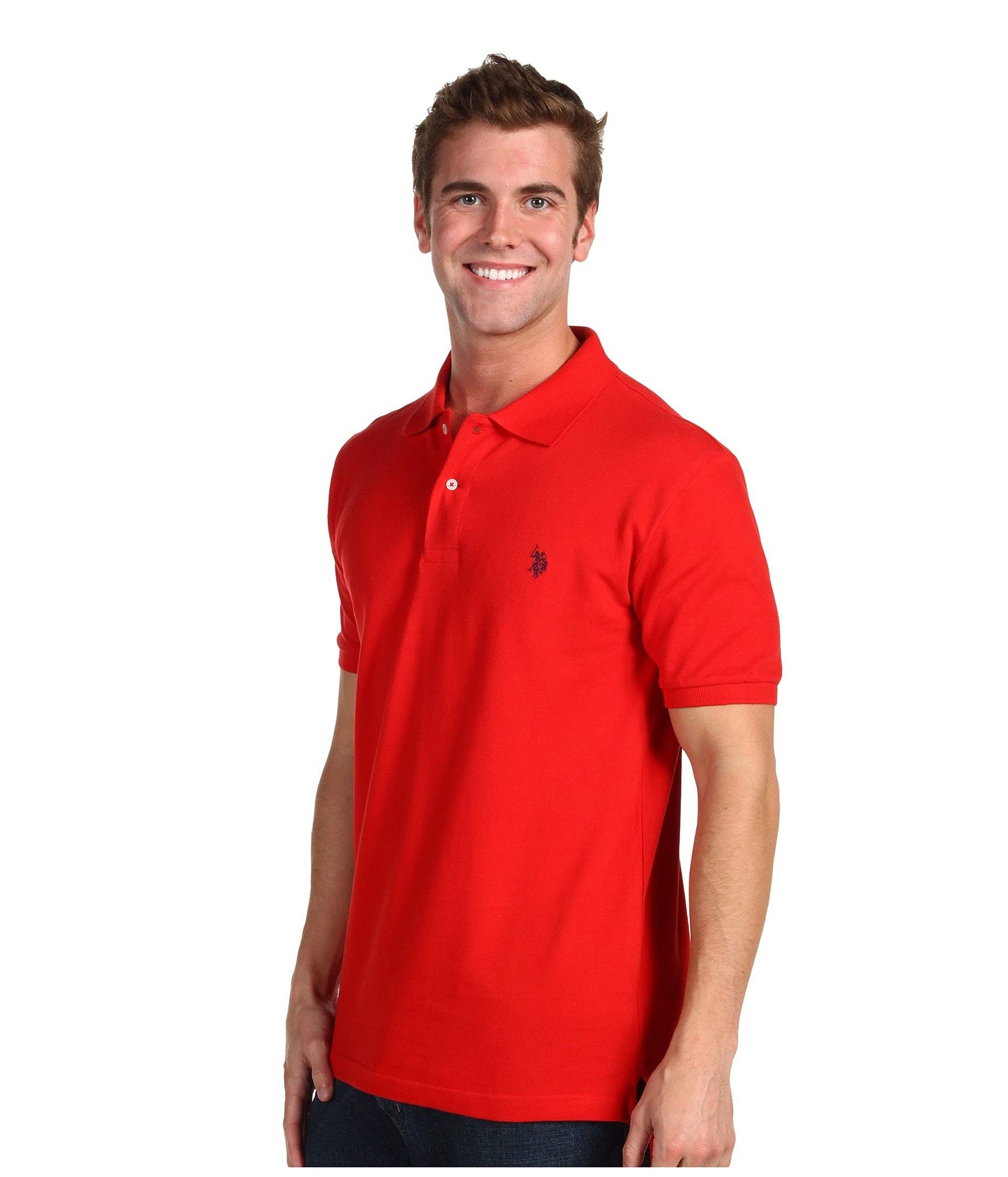 U.S. Polo Assn. Men's Classic Polo Shirt, Two-Button Closure Pique Polo Shirt, Summer Fashion Golf Shirt, Engine Red, Medium