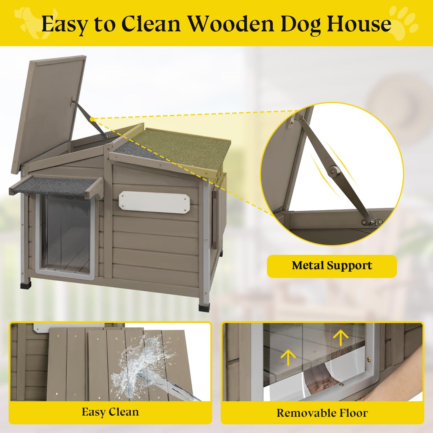 Gowoodhut Dog House Outdoor Weatherproof Large Wooden Dog Kennel Indoor with Chew-Proof Iron Frame, Removable Floor, and Adjustable Window for Large and Medium Dogs (Grey, 43.5"D x 29.5"W x 33.5"H)