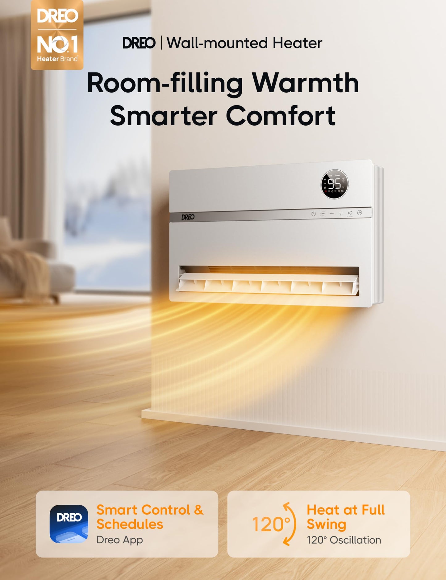 Dreo Smart Wall Heater, Electric Space Heater for Bedroom 1500W, 120° Vertical Oscillation, Adjustable Thermostat, Remote Control, 24H Timer, Easy-Mount Heater for Indoor Use, Works with Alexa, WH719S