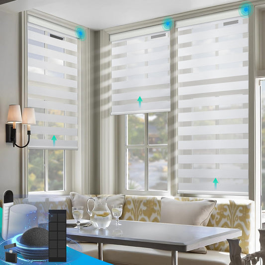 DENFOON Motorized Zebra Blinds, Solar Powered Dual Layer Automatic Shades with Remote Control, Rechargeable Smart Blinds Horizontal Wireless Electric Shades for Windows, Custom Size, White， 20 x 72