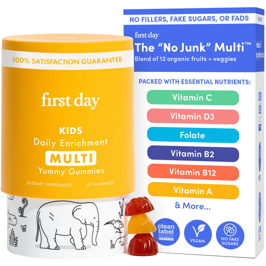 FIRST DAY Kids Essential Multivitamin Gummies, Vitamin A, D3, B6, B12, C, K2 & More + Organic Fruits & Veggies for Growth, Brain, Immunity. Natural Strawberry & Orange Flavor, Low Sugar. 30-Day Supply