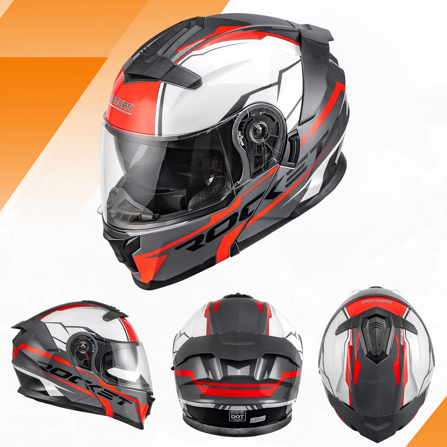 OUMURS Modular Motorcycle Helmets Full Face Flip up Street Bike Motorcycle Helmet for Unisex Adult Rocket Red - L
