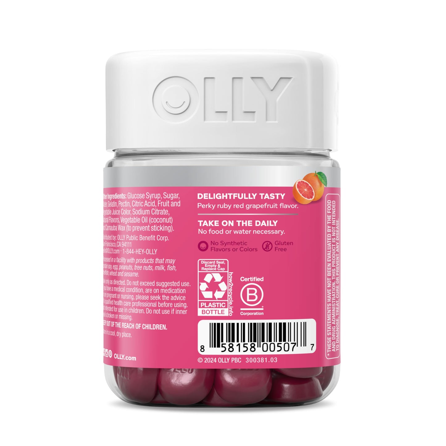 OLLY Undeniable Beauty Gummy, For Hair, Skin, Nails, Biotin, Vitamin C, Keratin, Chewable Supplement, Grapefruit, 30 Day Supply - 60 Count