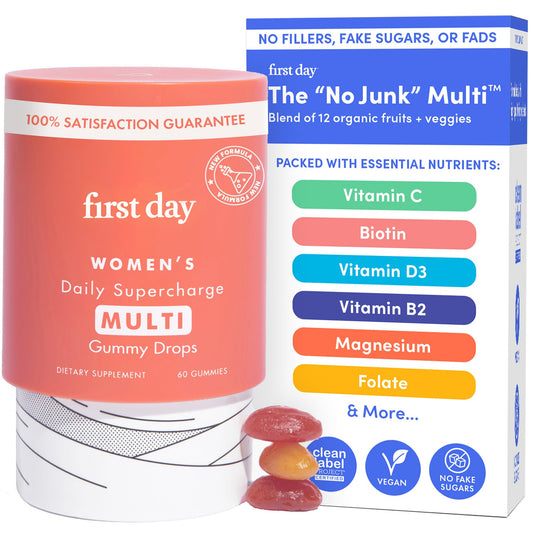 FIRST DAY Women's Methylated Multivitamin Gummies – A, B1, B2, B6, B9, B12, C, D3, E, K2 + Methylfolate, Magnesium, Zinc, Biotin – Vegan, Organic Blend, Low Sugar – Hair, Skin, & Energy Aid – 30 Day