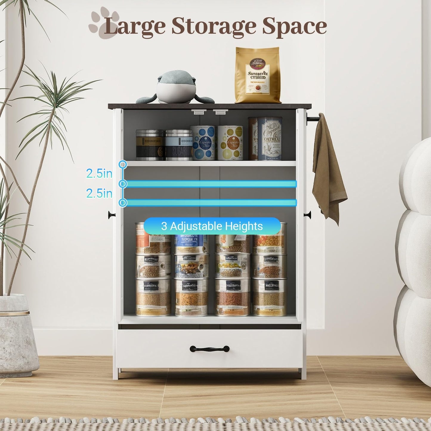 Rovibek Dog Food Storage Cabinet, Pet Feeding Station with Bowls, Adjustable Panel, Dog Feeding Station with Storage, Pet Feeder Station for Dogs Cats for Feeding & Watering Supplies, White