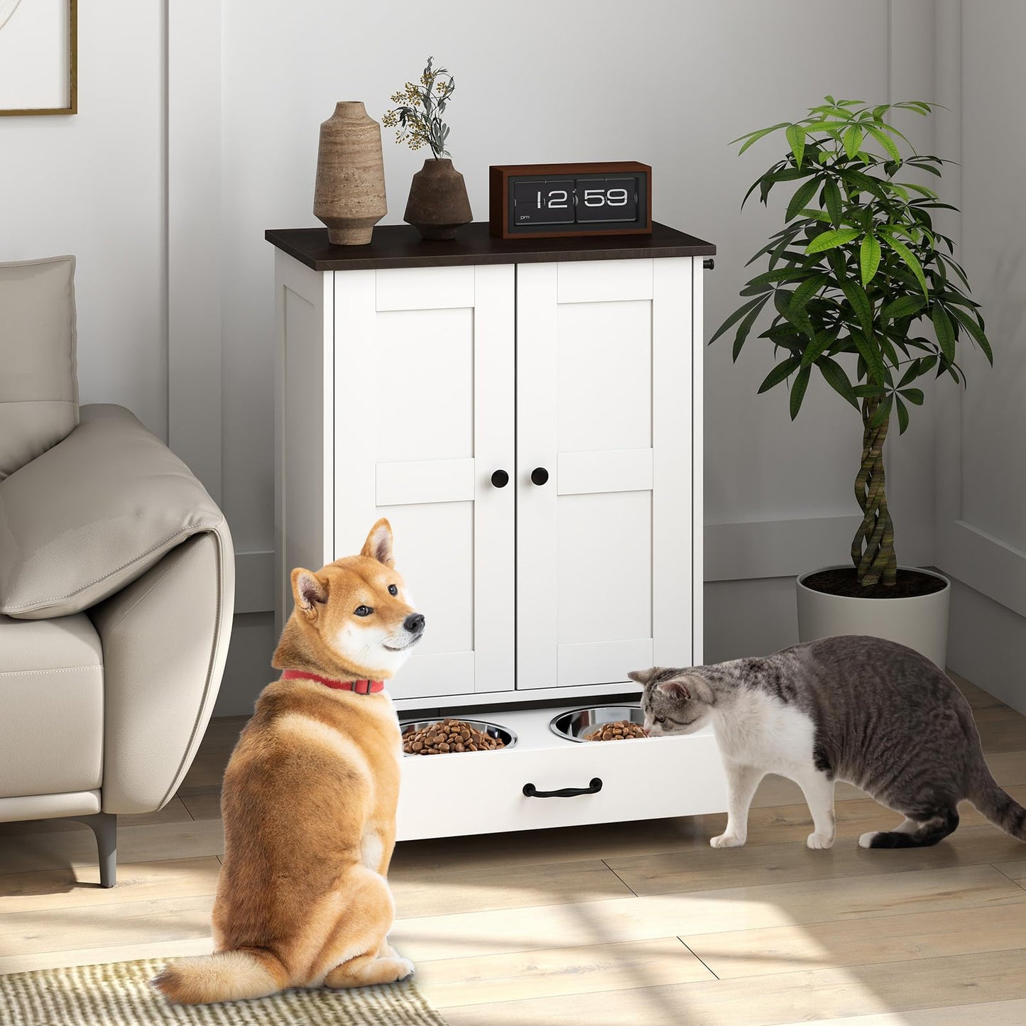 Rovibek Dog Food Storage Cabinet, Pet Feeding Station with Bowls, Adjustable Panel, Dog Feeding Station with Storage, Pet Feeder Station for Dogs Cats for Feeding & Watering Supplies, White