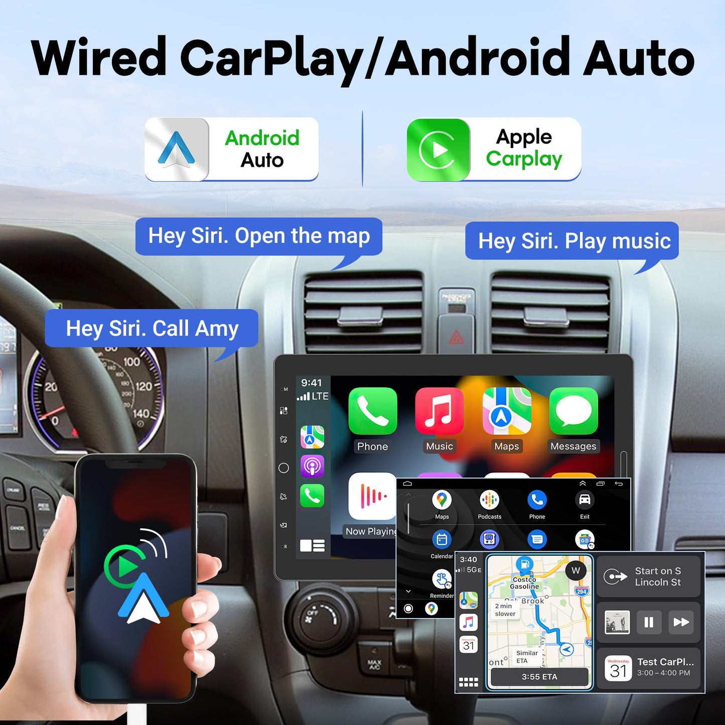 10.1 inch Single Din Car Stereo with CarPlay and Android Auto, Detachable Touch Screen Radio with Mirror Link/1080P/EQ Audio/SWC/Bluetooth +Backup Camera+MIC