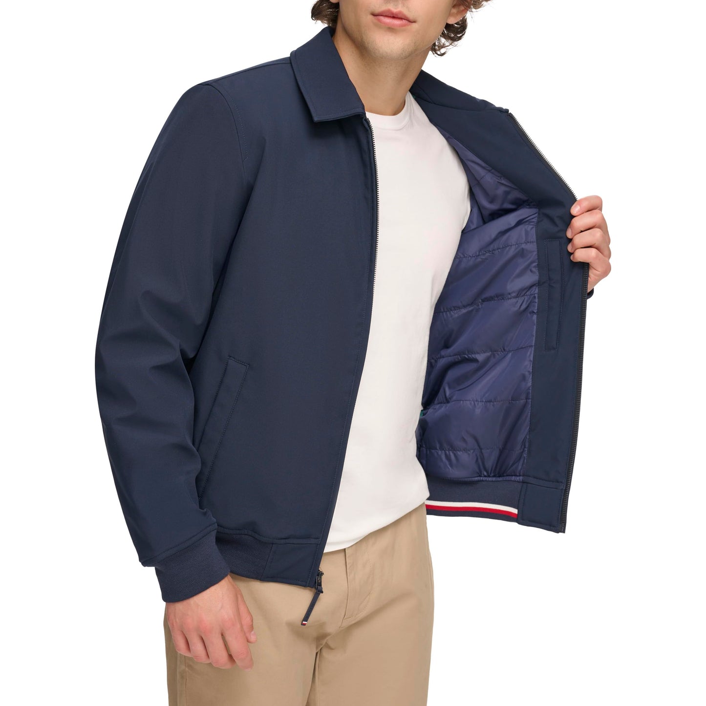 Chaqueta bomber ligera de punto acanalado Tommy Hilfiger para hombre, softshell medianoche con cuello doblado, talla mediana
