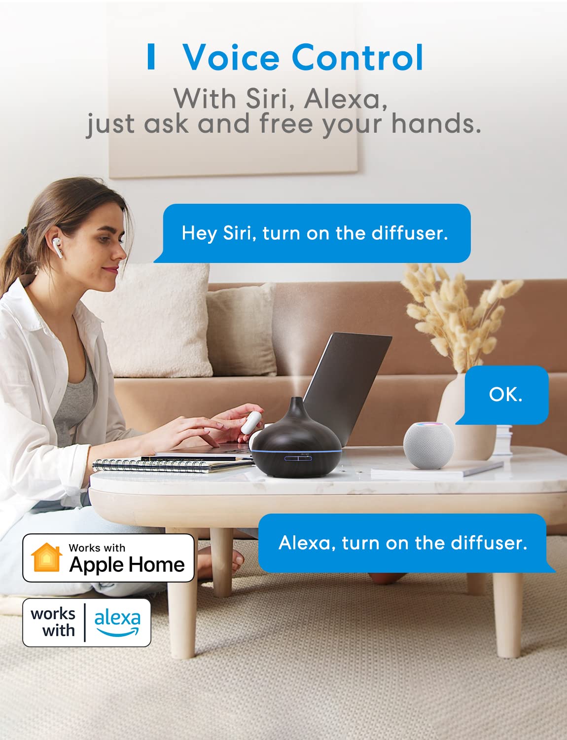Meross Smart WiFi Essential Oil Diffuser Works with Apple HomeKit & Alexa, Ultrasonic Aromatherapy Diffuser & Mist Humidifier with Voice & APP Remote Control, Schedule & Timer, RGB Light