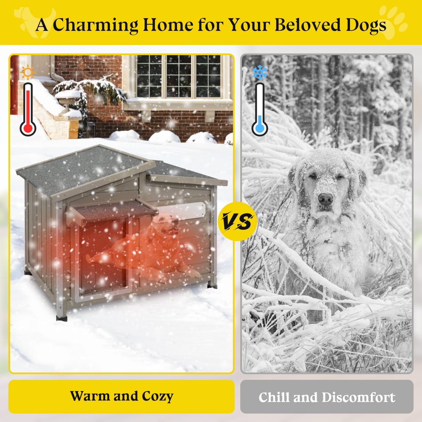 Gowoodhut Dog House Outdoor Weatherproof Large Wooden Dog Kennel Indoor with Chew-Proof Iron Frame, Removable Floor, and Adjustable Window for Large and Medium Dogs (Grey, 43.5"D x 29.5"W x 33.5"H)