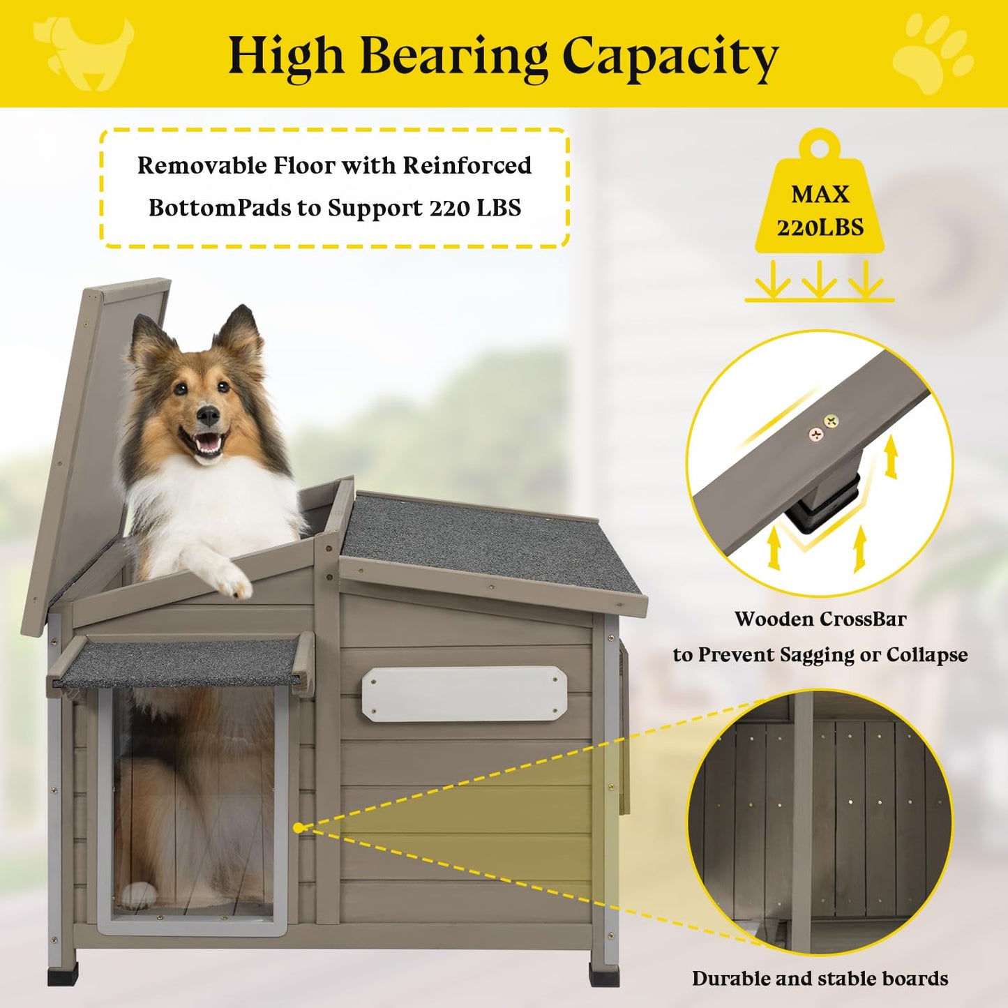 Gowoodhut Dog House Outdoor Weatherproof Large Wooden Dog Kennel Indoor with Chew-Proof Iron Frame, Removable Floor, and Adjustable Window for Large and Medium Dogs (Grey, 43.5"D x 29.5"W x 33.5"H)