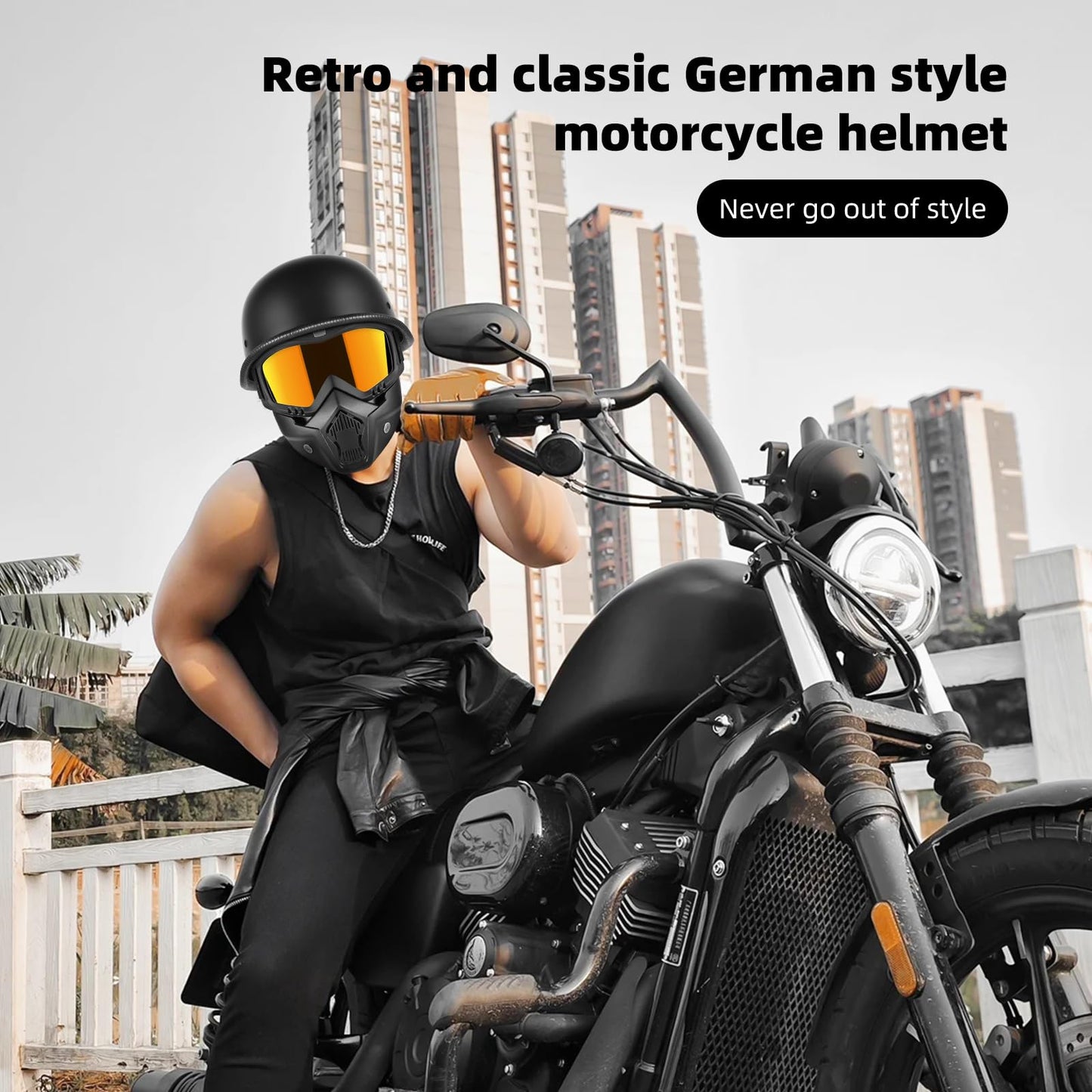 Motorcycle Half Helmets with Face Shield, German Style Motorcycle Helmet for Adult Men Women, DOT Approved Retro Half Shell Helmet for Moped Cruiser Scooter (XX-Large, 1Matt Black)