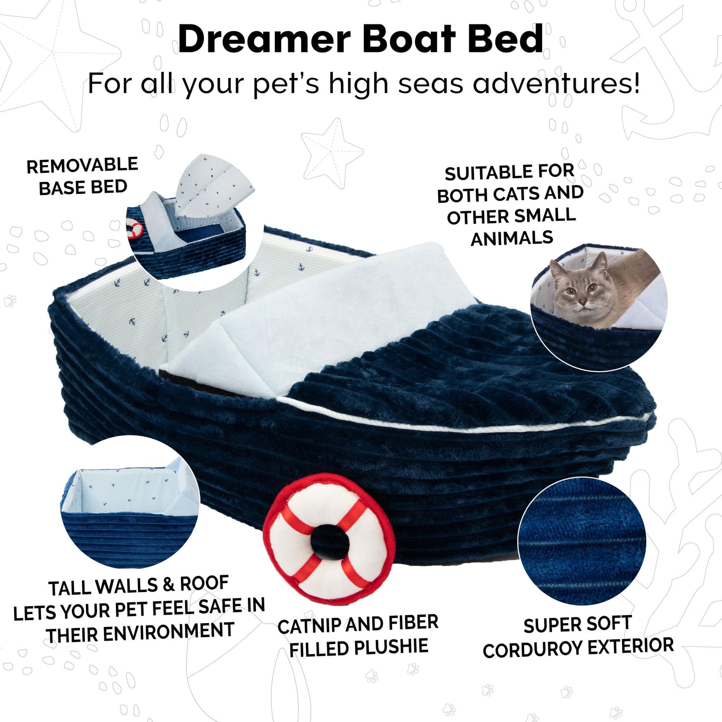 Furhaven Soft & Cozy Cat Bed w/ Catnip Toy for Indoor Cats, Washable w/ Removable Pillow Cushion Insert - Corduroy Boat Bed - Blue, Small