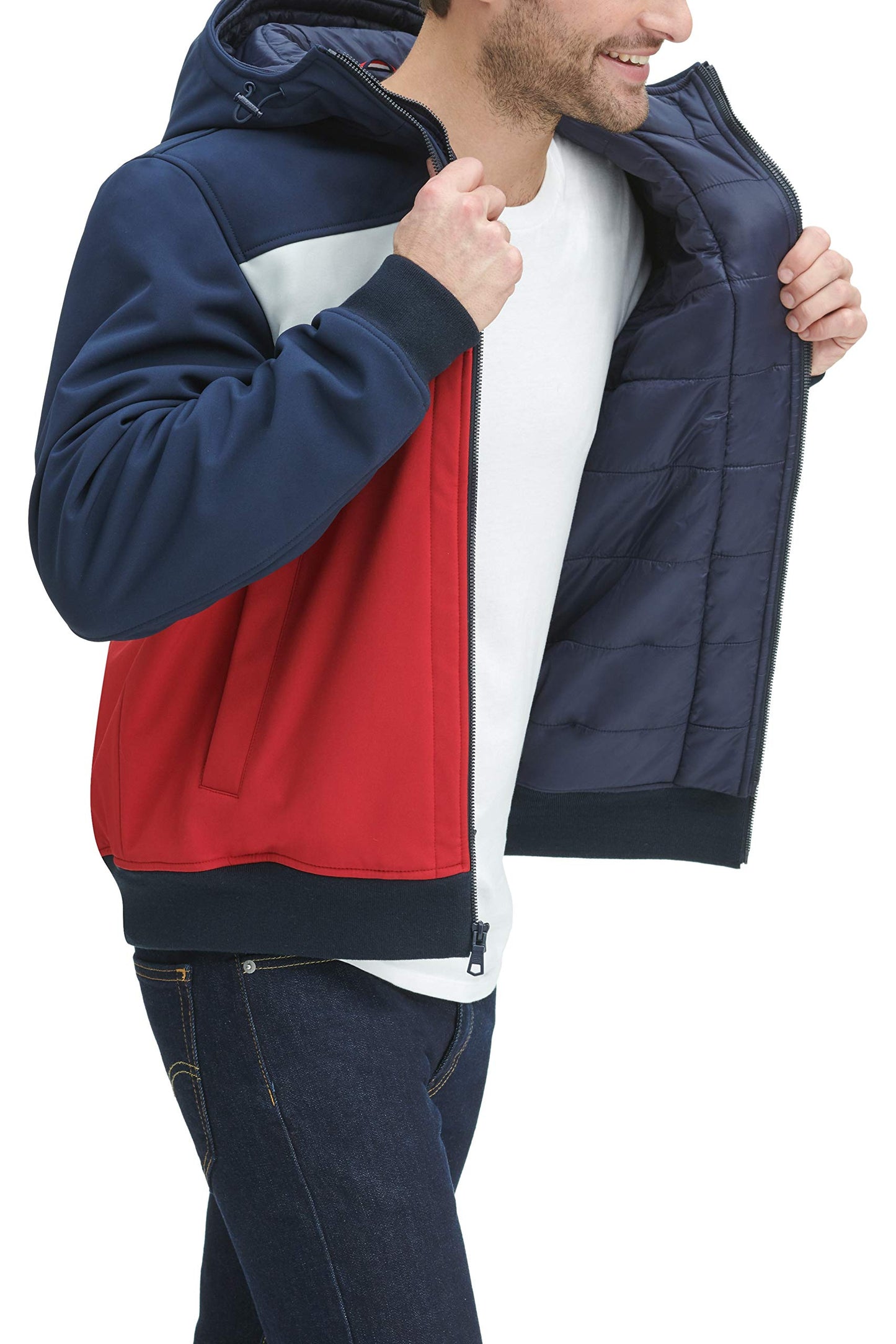 Tommy Hilfiger Women's Soft Shell Fashion Bomber with Contrast Bib and Hood, Midnight/Ice/Red, Medium
