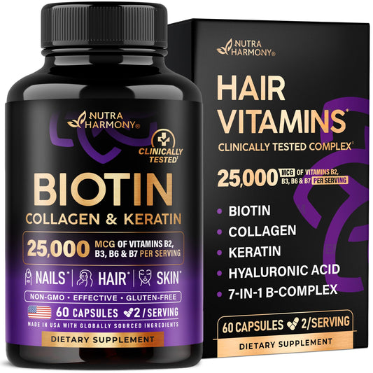 Hair Growth Support Pills with Biotin, Collagen, Keratin, Hyaluronic Acid - 25000mcg - Made in USA