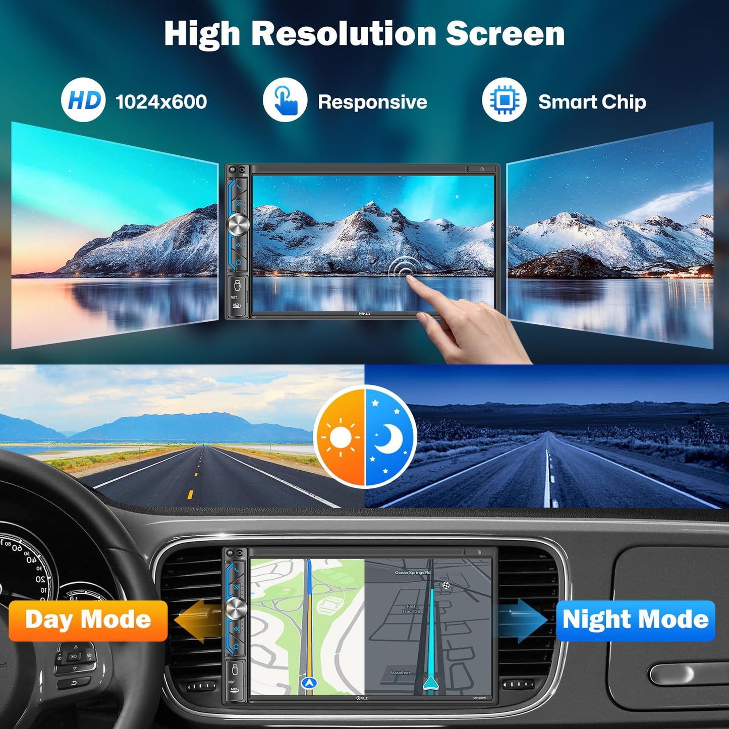 PLZ 7" Wireless Double Din Car Stereo Apple Carplay Radio Screen for Car Audio Receivers, Bluetooth 5.3 Car Play Android Auto Touchscreen, 240W 4.2 CHN 2 Subwoofers Outputs, Backup Camera, SWC, FM/AM