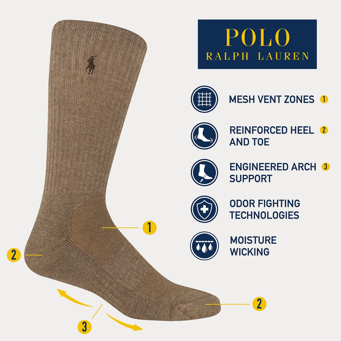 Polo Ralph Lauren Men's Athletic Performance Cotton Crew Socks-6 Pair Pack-Breathable Mesh & Sport Moisture Wicking, Brown, 6-12.5