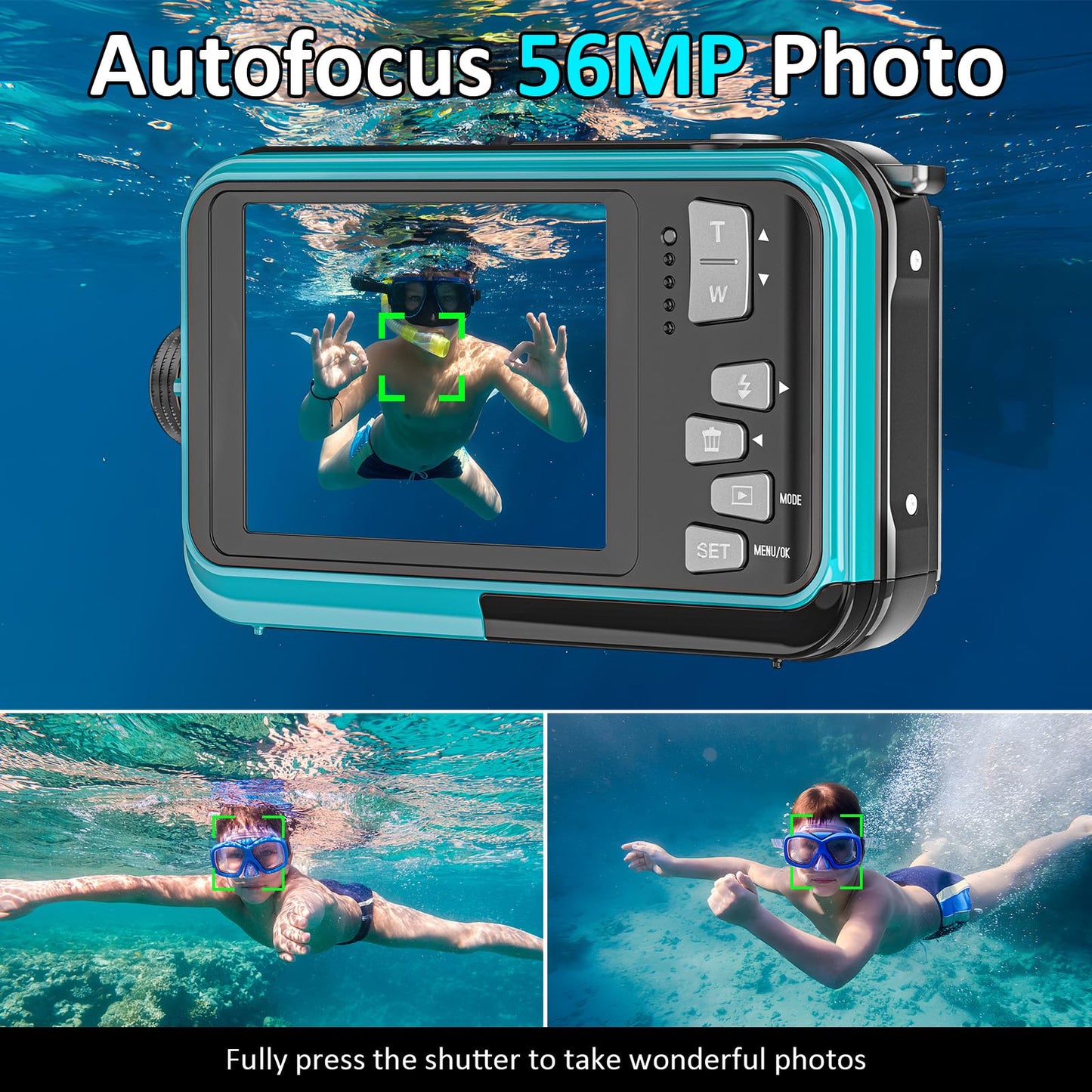 4K Underwater Camera 11FT Waterproof Camera with 32GB Card 56MP Autofocus Dual-Screen Selfie Underwater Camera for Snorkeling Waterproof Compact Floatable Digital Camera 1250mAh Battery Type-C (Blue)