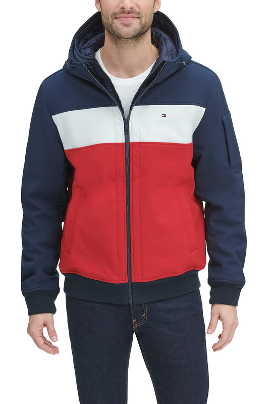 Tommy Hilfiger Women's Soft Shell Fashion Bomber with Contrast Bib and Hood, Midnight/Ice/Red, Medium