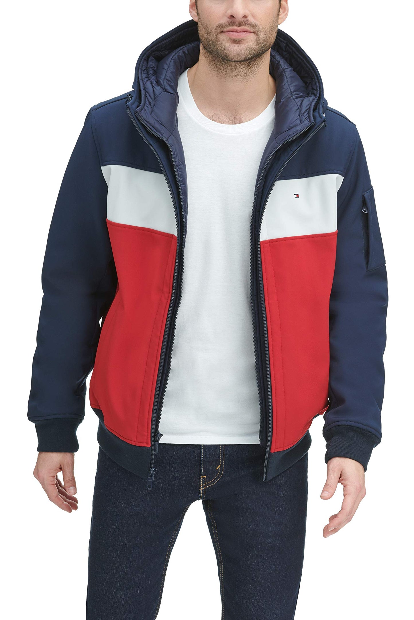 Tommy Hilfiger Women's Soft Shell Fashion Bomber with Contrast Bib and Hood, Midnight/Ice/Red, Medium