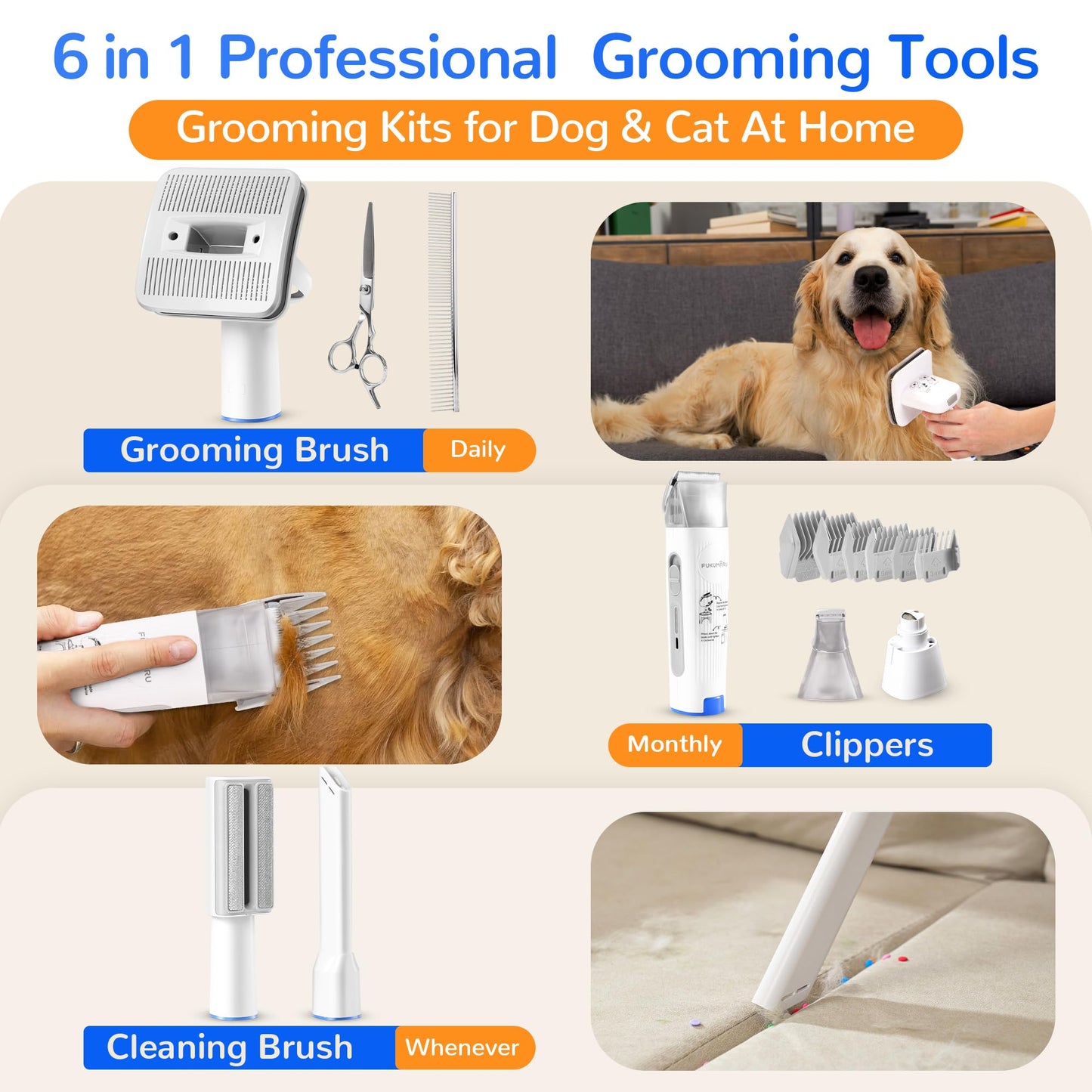 FUKUMARU Dog Grooming Vacuum & Pet Vacuum Grooming Kit, Pet Grooming Vacuum for Dogs, Dog Hair Vacuum with Pet Clipper Nail Grinder, 2L Dust Cup Dog Brush Vacuum with 6 Pet Grooming Tools for Shedding