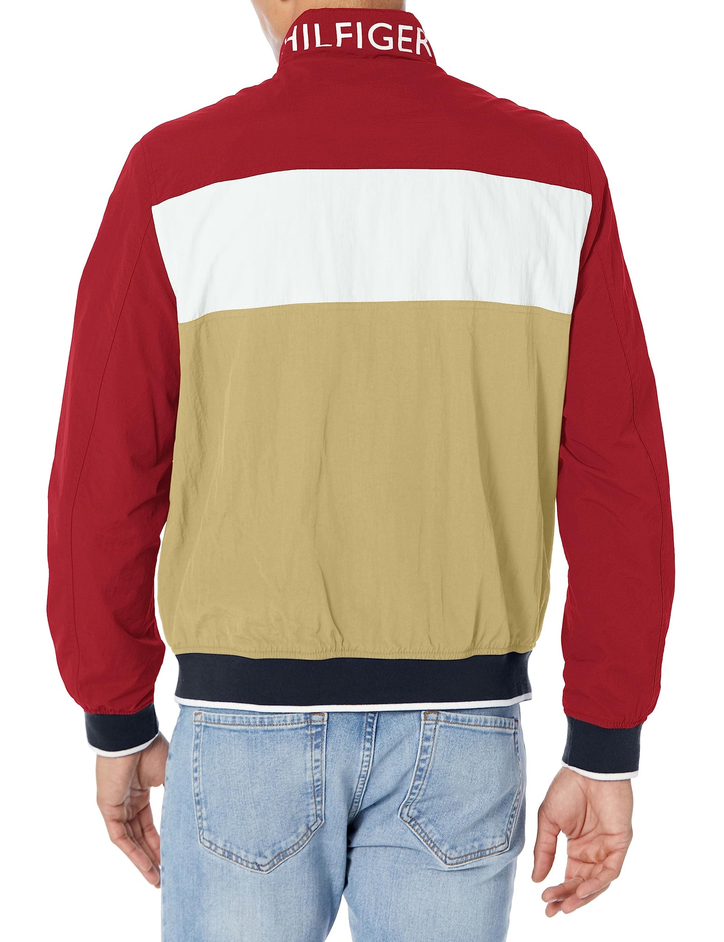 Tommy Hilfiger Men's Yachting Bomber Jacket, Khaki/Red Colorblock, Medium