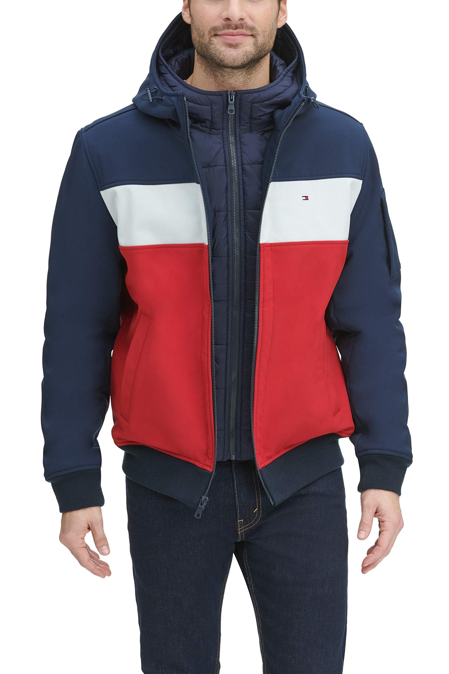 Tommy Hilfiger Women's Soft Shell Fashion Bomber with Contrast Bib and Hood, Midnight/Ice/Red, Medium