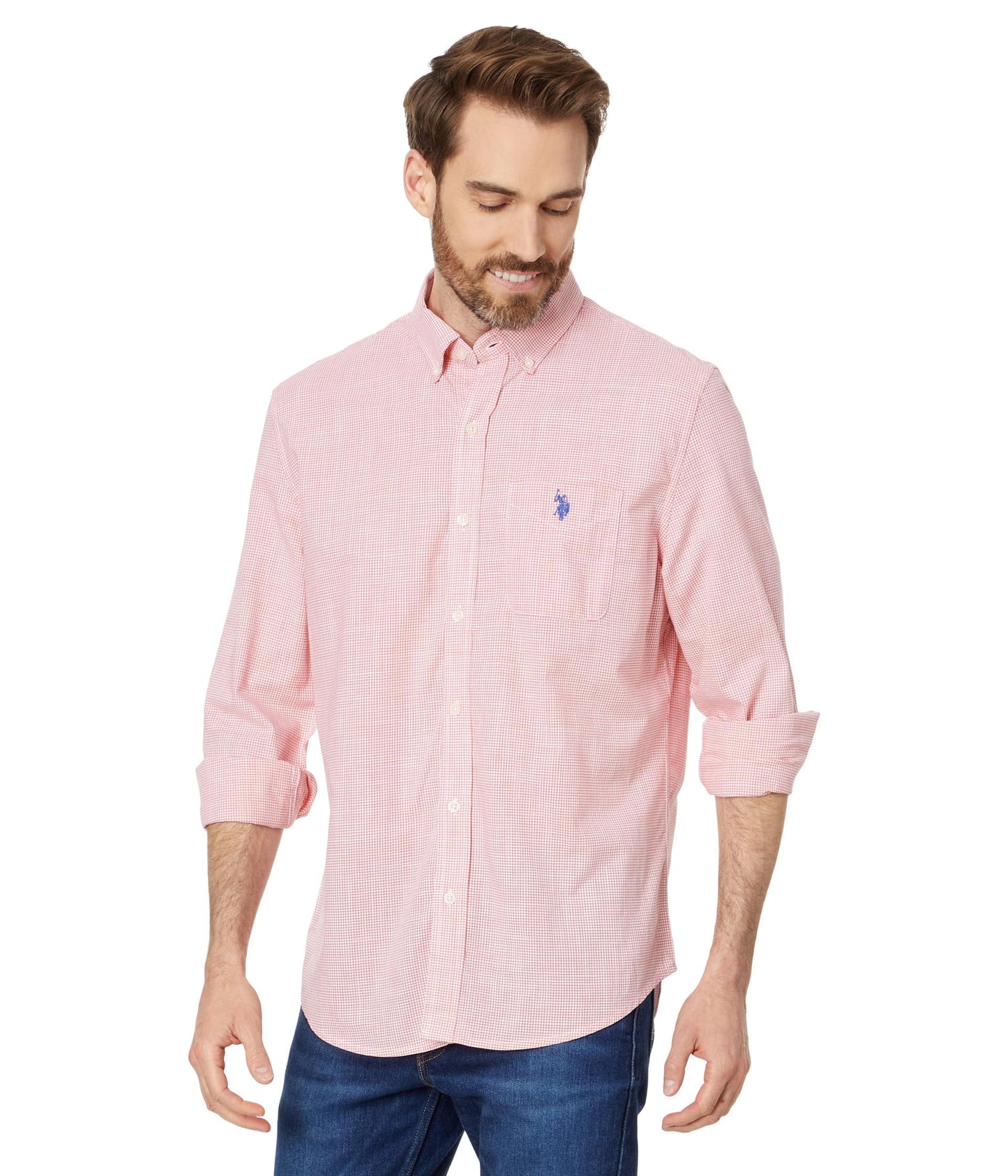 U.S. POLO ASSN. Men's Long Sleeve Classic Fit 1 Pocket Gingham Cotton Stretch Yarn Dye Slub Poplin Woven Shirt, Pink Coral