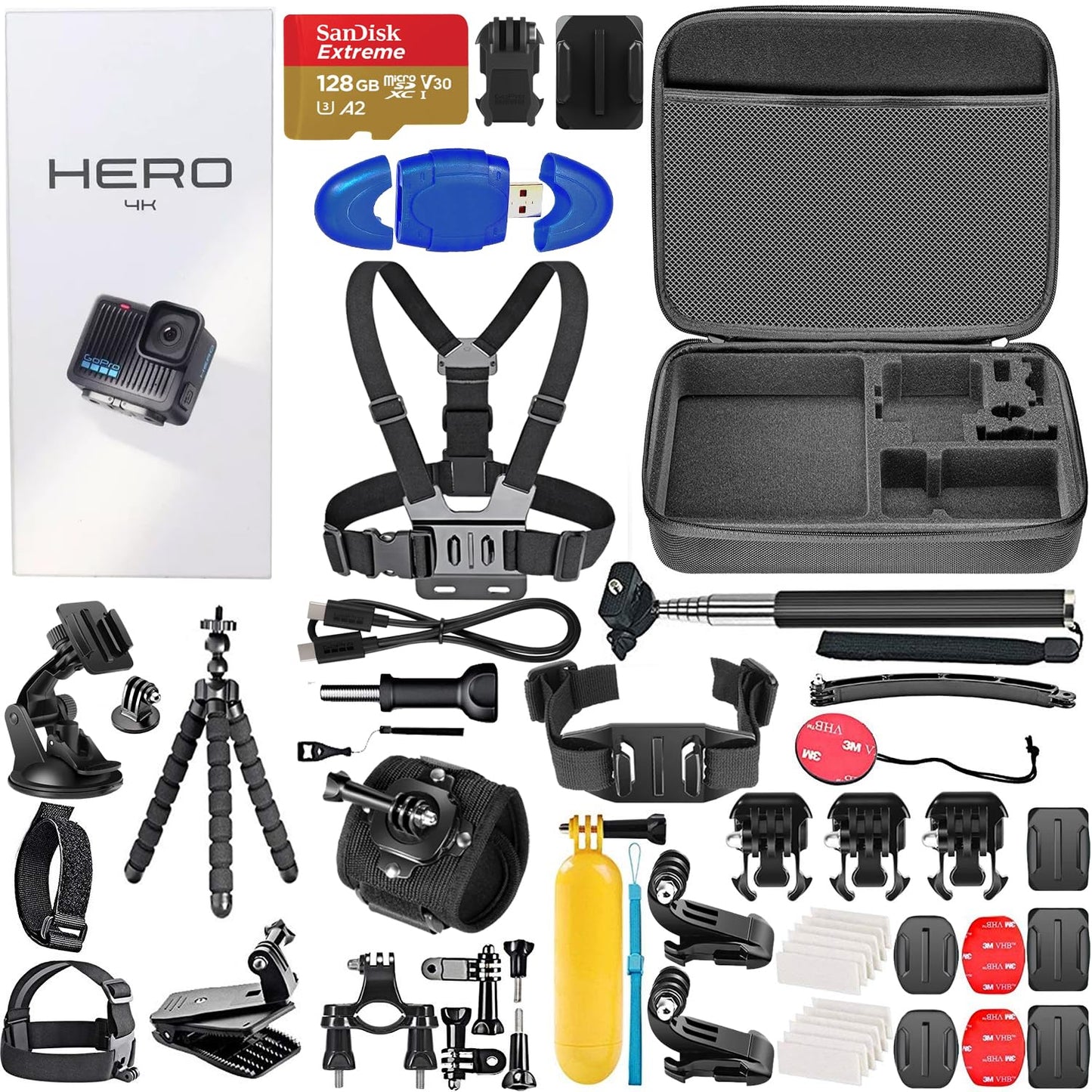 GoPro Hero Compact Waterproof Action Camera with 4K, 12MP Photos, Stabilization + 128GB Card, Card Reader, 50 Piece Accessory Kit - Bundle