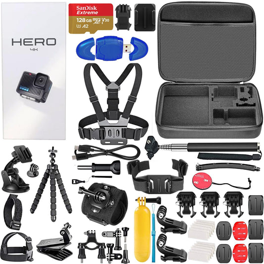 GoPro Hero Compact Waterproof Action Camera with 4K, 12MP Photos, Stabilization + 128GB Card, Card Reader, 50 Piece Accessory Kit - Bundle