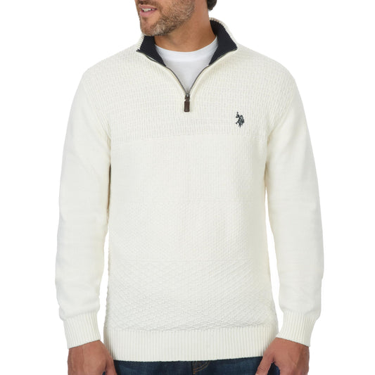 U.S. Polo Assn. Men's Cable Knit Quarter Zip Textured Ribbed and Collared Pullover Sweater - Classic Solid Color (Vanilla Prep, X-Large)