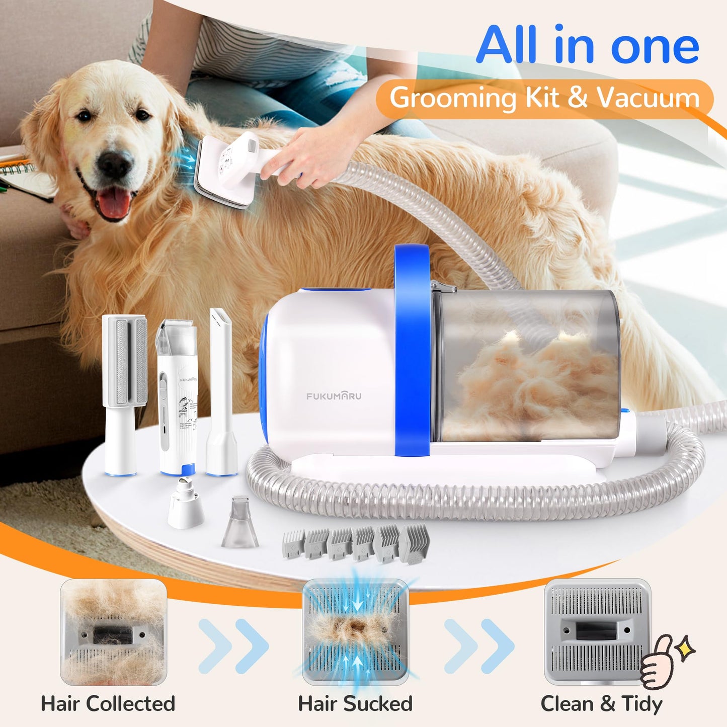 FUKUMARU Dog Grooming Vacuum & Pet Vacuum Grooming Kit, Pet Grooming Vacuum for Dogs, Dog Hair Vacuum with Pet Clipper Nail Grinder, 2L Dust Cup Dog Brush Vacuum with 6 Pet Grooming Tools for Shedding