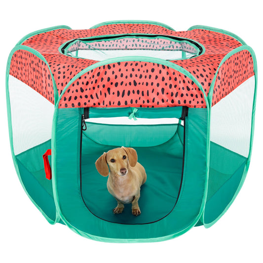 Furhaven Portable Dog Playpen Cat Tent, Pet Playground/Kennel Foldable Indoor Outdoor Zippered Puppy Crate - Green & Pink, Medium
