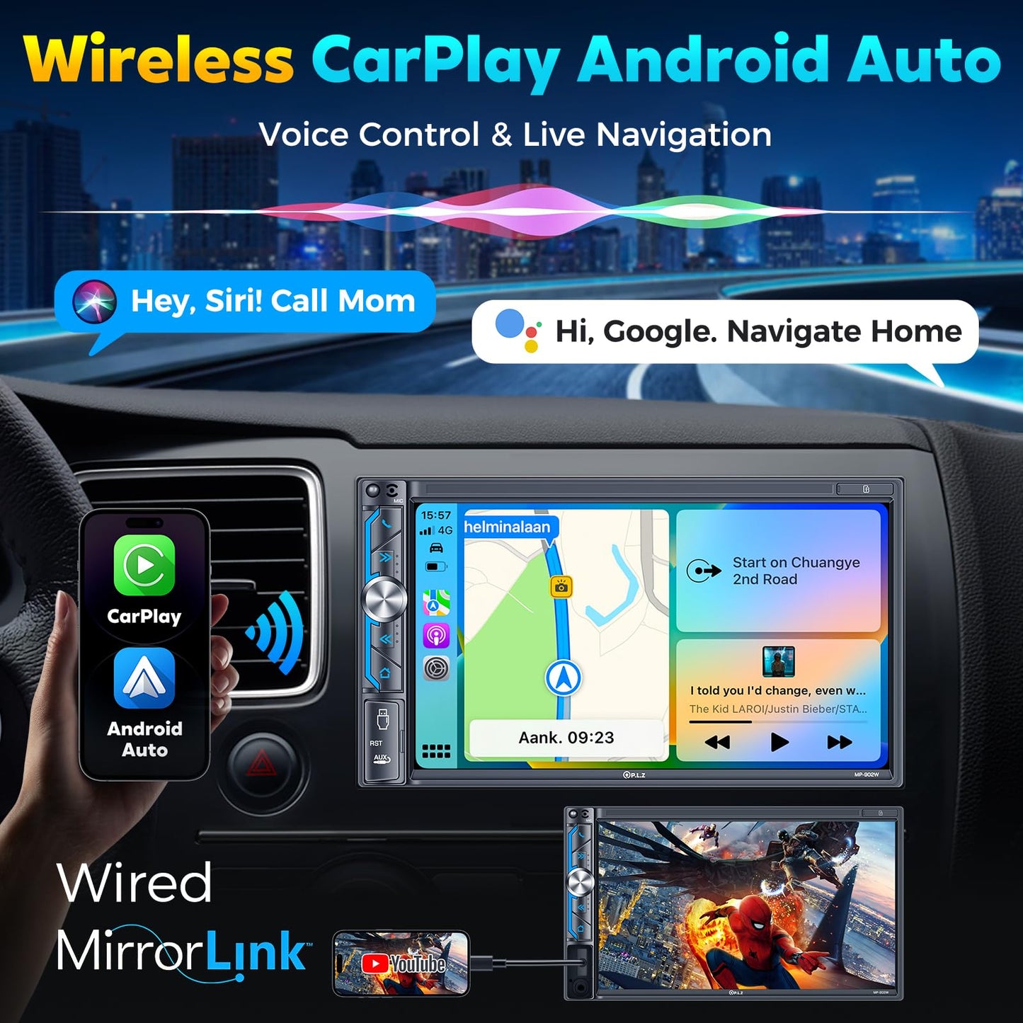 PLZ 7" Wireless Double Din Car Stereo Apple Carplay Radio Screen for Car Audio Receivers, Bluetooth 5.3 Car Play Android Auto Touchscreen, 240W 4.2 CHN 2 Subwoofers Outputs, Backup Camera, SWC, FM/AM