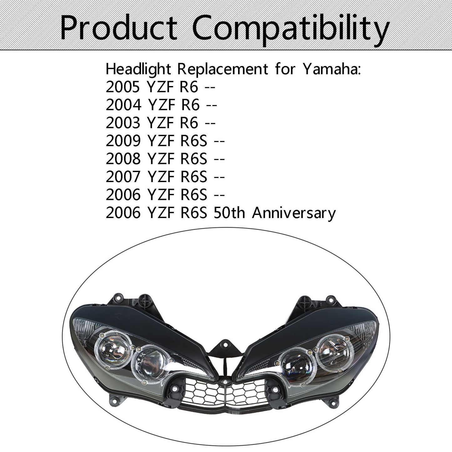 waltyotur Motorcycle Front Headlight Headlamp Replacement for Yamaha YZF R6 2003-2005 & R6S 2006-2009