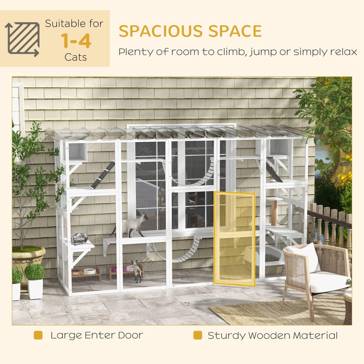 PawHut Catio Playground Cat Window Box Outside Enclosure, Outdoor Cat House with Weather Protection Roof for Multiple Kitties, Wooden Frame, Shelves & Bridges, 118" x 37.5" x 74", White