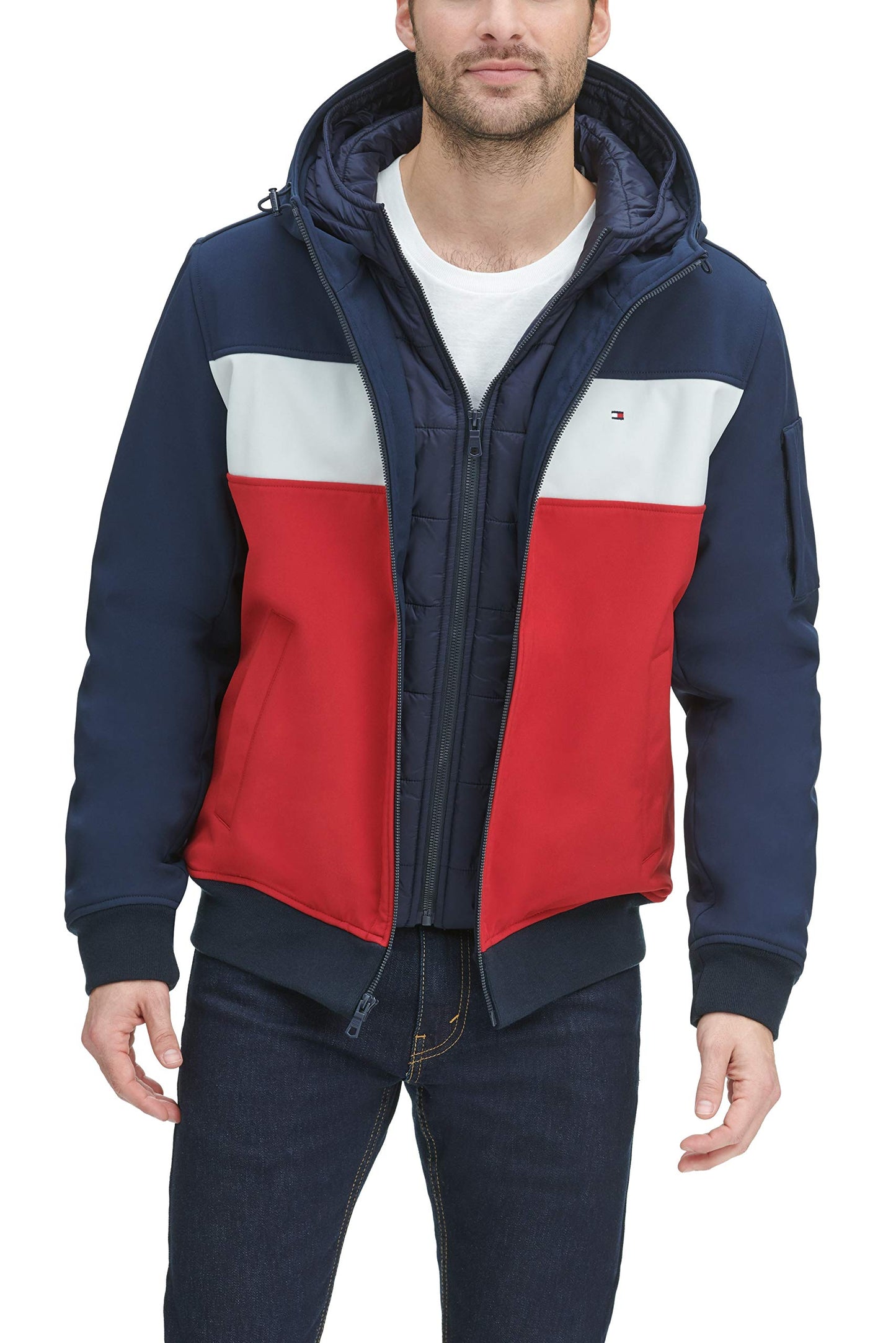 Tommy Hilfiger Women's Soft Shell Fashion Bomber with Contrast Bib and Hood, Midnight/Ice/Red, Medium
