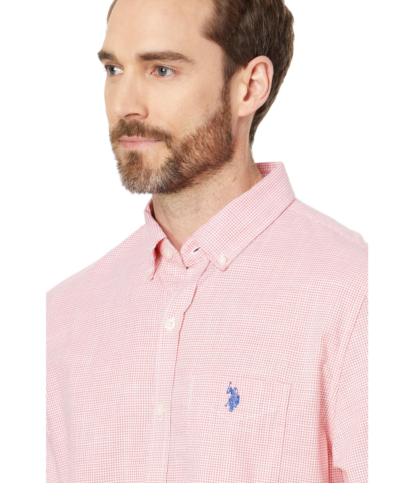 U.S. POLO ASSN. Men's Long Sleeve Classic Fit 1 Pocket Gingham Cotton Stretch Yarn Dye Slub Poplin Woven Shirt, Pink Coral