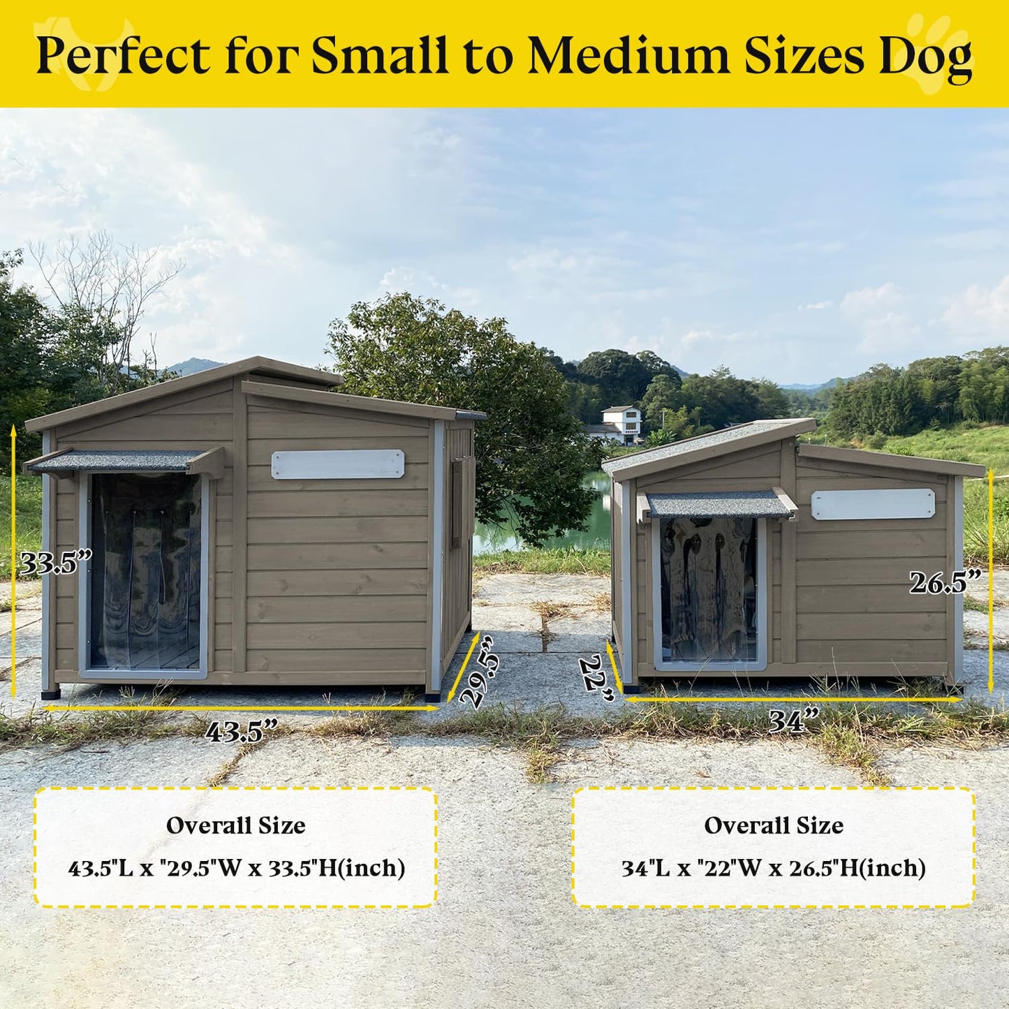 Gowoodhut Dog House Outdoor Weatherproof Large Wooden Dog Kennel Indoor with Chew-Proof Iron Frame, Removable Floor, and Adjustable Window for Large and Medium Dogs (Grey, 43.5"D x 29.5"W x 33.5"H)